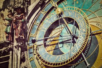 Vintage retro hipster style travel image of astronomical clock on Town Hall. Prague, Czech Republic with grunge texture overlaid