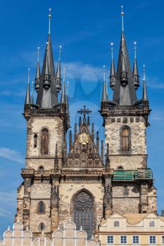 View of Tyn Church (Tynsky Chram) on Old City Square from Town Hall. Prague, Czech Republic