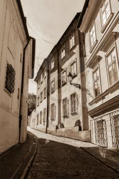 Prague street. Black and white sepia toned