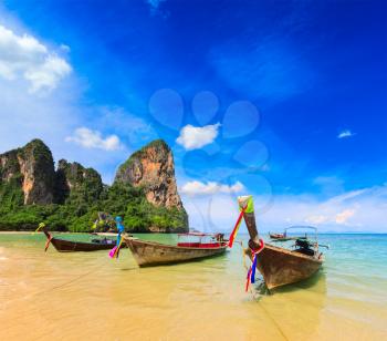 Long tail boats on tropical beach, Krabi, Thailand