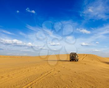 Desert safari - awd car in dunes. Thar desert, Rajasthan, India