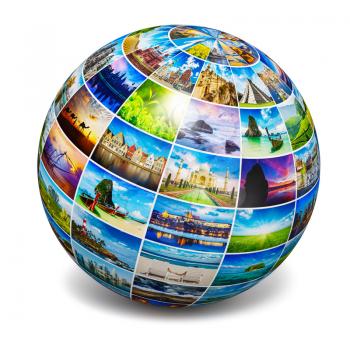 Global travel media world globe concept - picture sphere with travel images isolated on white. All photos are from my portfolio.