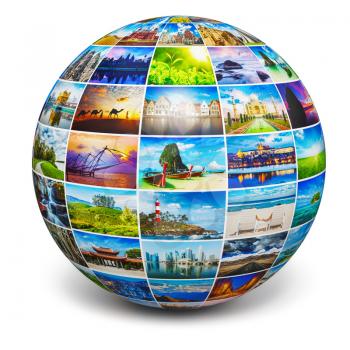 Global travel media world globe concept - picture sphere with travel images isolated on white. All photos are from my portfolio.