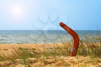 Landscape with boomerang on overgrown sandy beach against blue sea and sky.