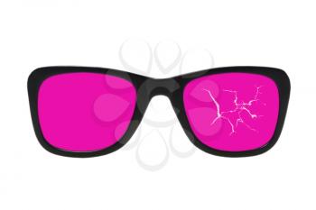 Broken pink glasses taken closeup isolated on white background.