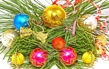 Multicolored Christmas balls and pine branch on a white background. 