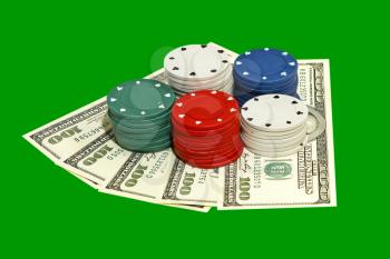 Casino chips and dollar banknotes isolated on green background.