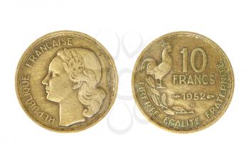 Old french monetary unit franc isolated on white background.