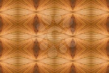Symmetrical kaleidoscope abstract background made from wooden slats.