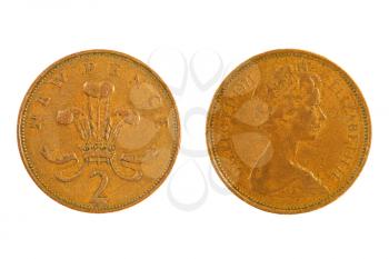 Great Britain Two Pence monet with a Queen Elizabeth profile isolated on white background.
