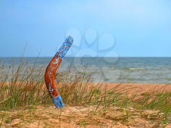 Color boomerang on overgrown sandy beach against blue sea and sky.