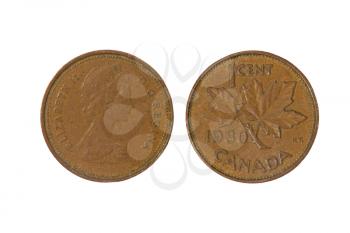 Canadian monet one cent isolated on white background.