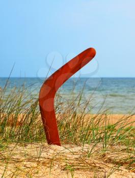 Boomerang on overgrown sandy beach against blue sea and sky.