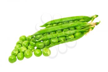 Green peas taken closeup isolated on white background.