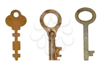 Three old rusty keys isolated on a white background.