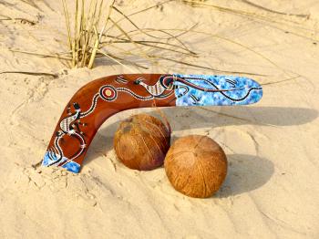 Colorful boomerang and coconuts on a sand.