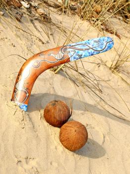Colorful boomerang and two coconuts on a sand.