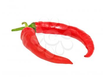 Two red hot chile peppers isolated on a white background.