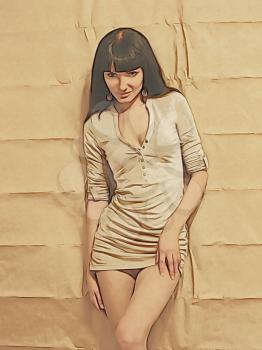 Cute brunette on paper wall background.Digitally generated image.