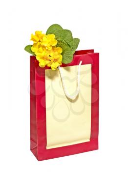 Gift bag with the yellow flowers isolated on a white background.