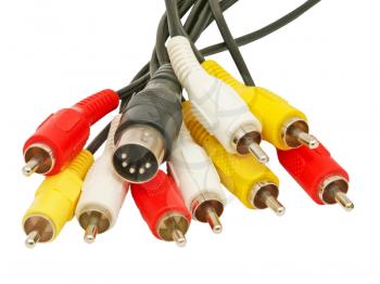 Various connection cables with colored tips on a white background.