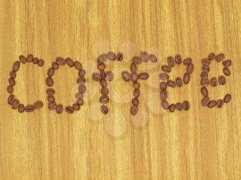 The word coffee made up of coffee beans on a wooden surface.