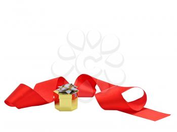 Red tape and gift box isolated on white background.