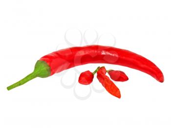 Different varieties of red hot pepper on a white background.
