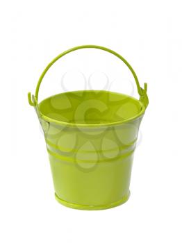 Empty green bucket taken closeup isolated on white background.