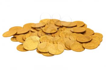 Golden coins heap isolated on white background.