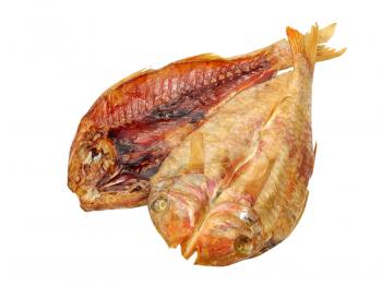 Two dried goatfish taken closeup isolated on white background.
