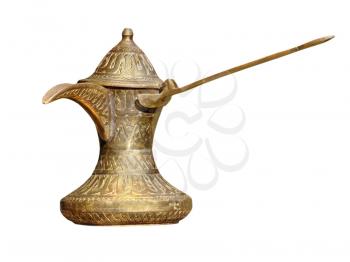 Old brass arabian style coffee pot isolated on white background.