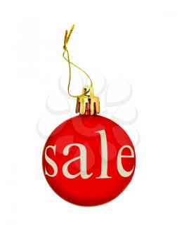Red Christmas ball with sale tag isolated on a white background.
