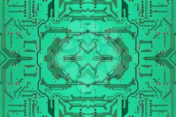 Green symmetrical electronic microcircuit taken closeup as background.