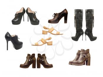 Set of various woman shoes isolated on white background.