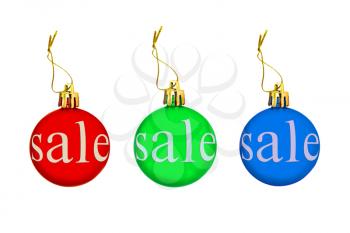Multicolored Christmas balls with sale tag isolated on a white background.