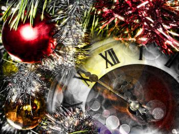 Clock face and christmas balls.Eve of new year.Toned image.