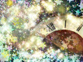 Eve of new year.Clock face on glowing shining stars background.