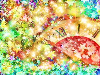 Eve of new year.Clock face on multicolored shining stars background.