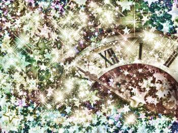 Eve of new year.Clock face on shining stars background.Retro style toned image.