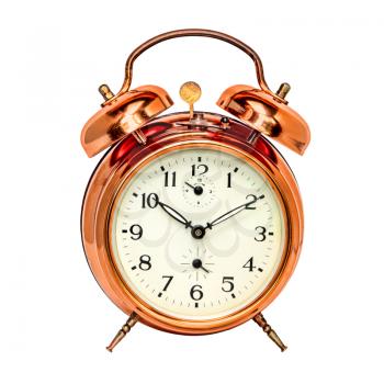 Vintage bronze alarm clock isolated on white background.