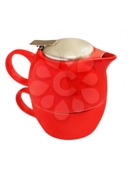 Red ceramic teapot isolated on white background.
