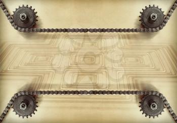 Cogwheels and double chain on grunge background with geometric shape and empty space for text.Technology background.