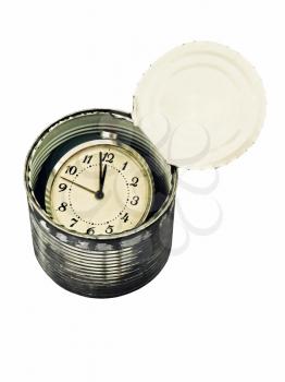 Canned time concept.Time preserved in tin can isolated on white background.
