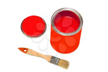 Bank of red paint and paintbrush isolated on white background.