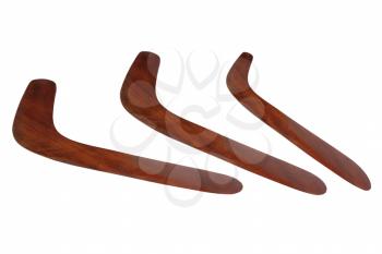 Set of wooden Australian Boomerang isolated on white background.