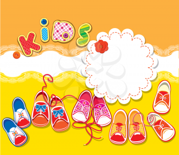 Card - children gumshoes, lace frame and word KIDS on orange and yellow background