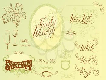 Set of wine design elements for bar or restaurant - signs, icons, vignettes collection, calligraphy words - FAMILY WINERY, WINE LIST, red, white, rose. 