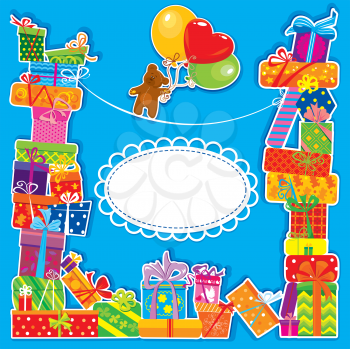 baby birthday card with teddy bear and gift boxes for boy