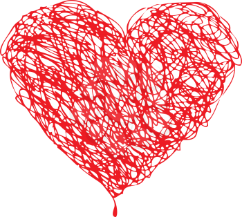 Red heart scribble with lines texture on white background. Element for your Valentine`s Day Design.